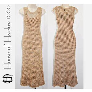 NWT House of Harlow Curve Hugging Net Crochet Knit 52" Long Dress in Gold sz S